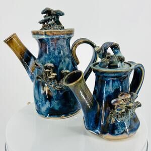 Signed Handmade Blue Glazed Mushroom 2 Teapot Set by Steve Beacham Spring Street